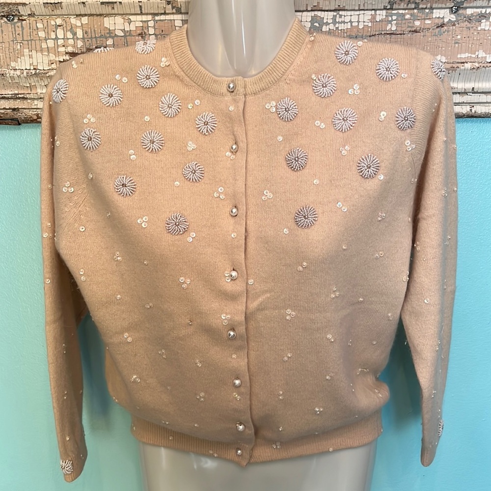 1950's hand loomed beaded cardigan sweater by Jo Ro Imports. Size 34” Bust